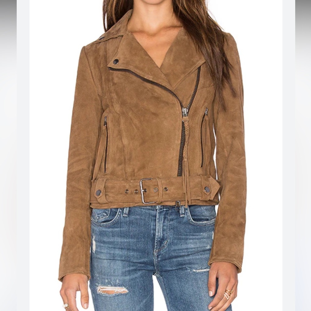 Muubaa Leather Warren Belted Biker Jacket in Ash Brown